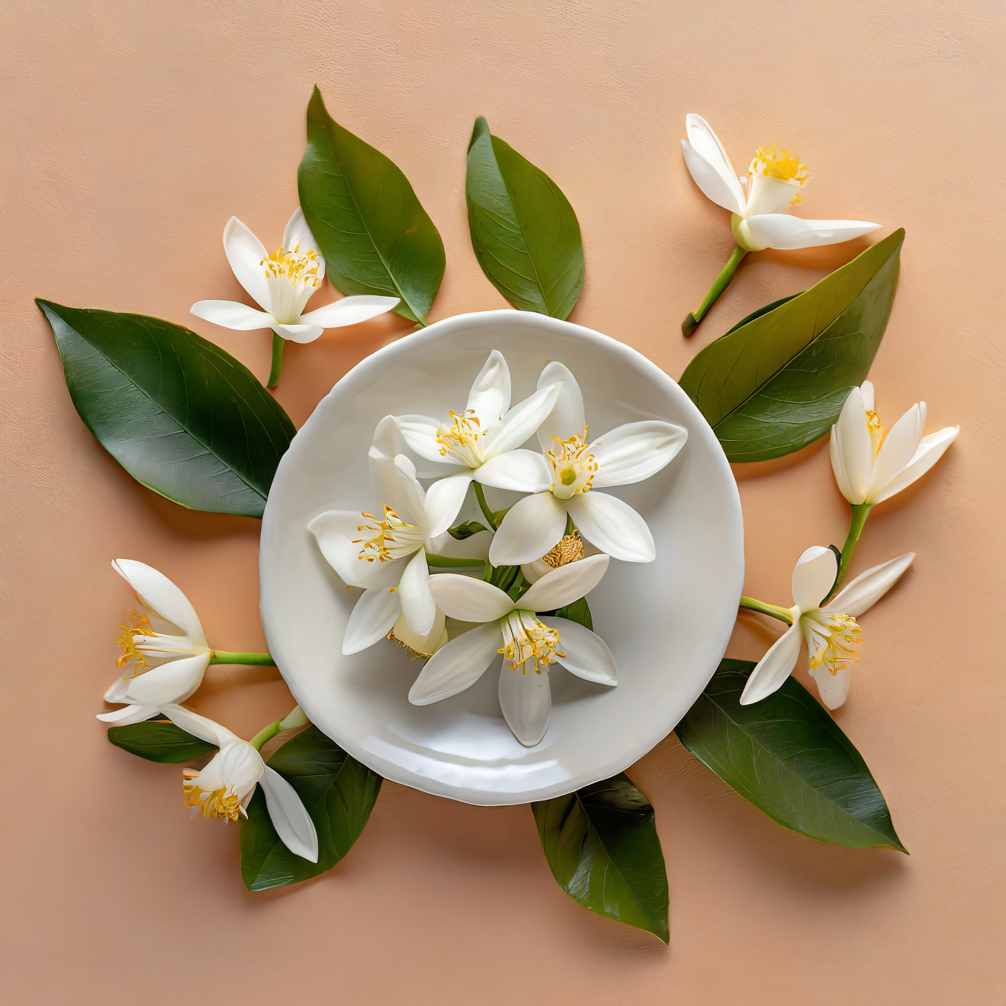 a white plate with neroli flowers on it, on a pastel-orange surface