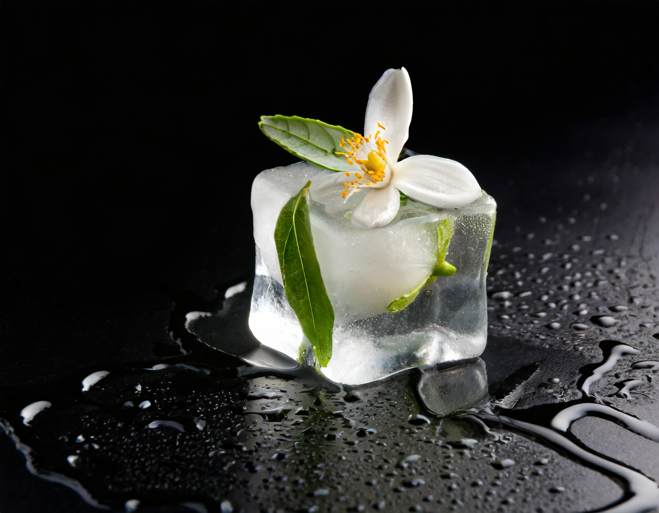 ice-cube filled with neroli, water drops on the surface