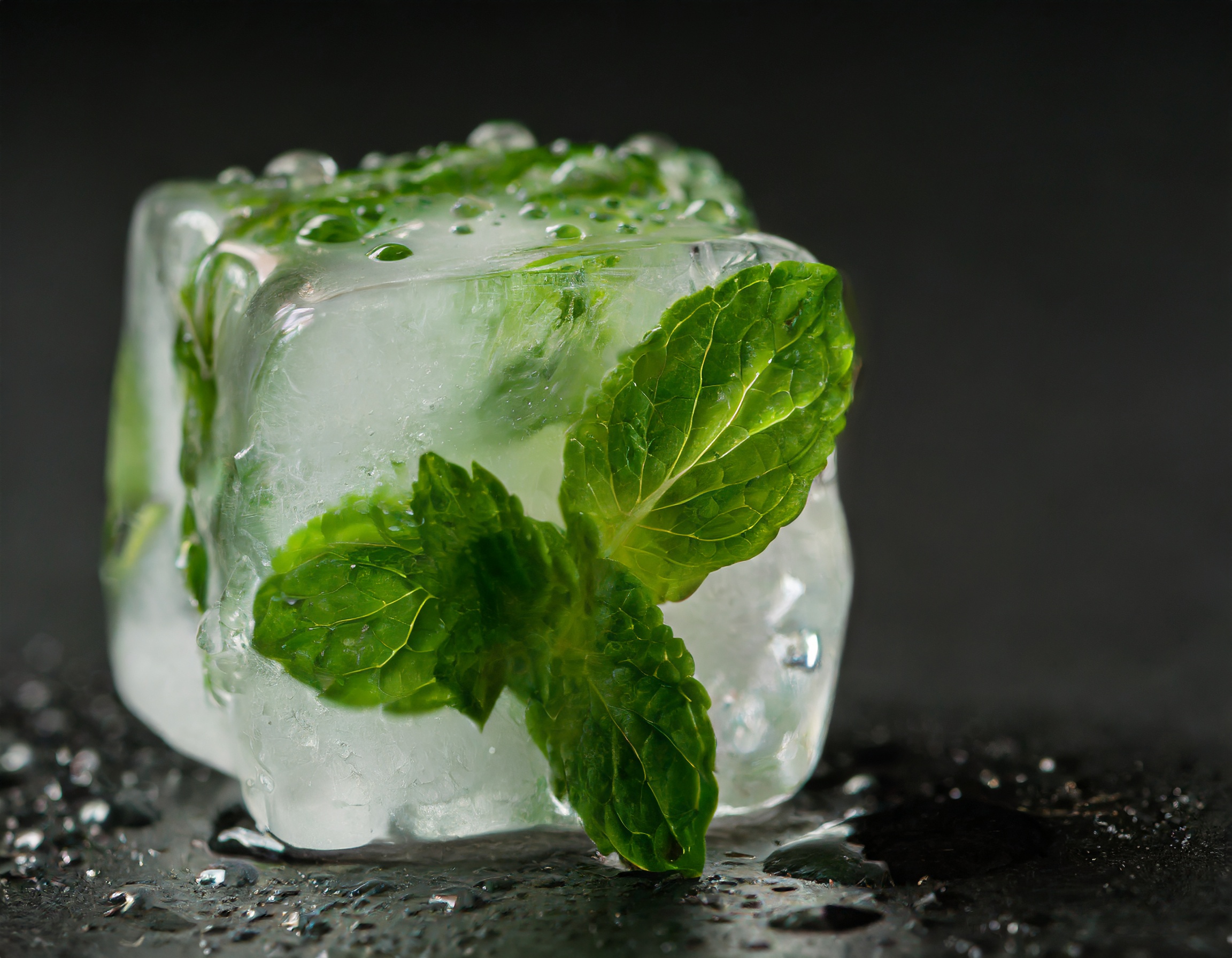 ice-cube filled with peppermint petals, water drops on the surface