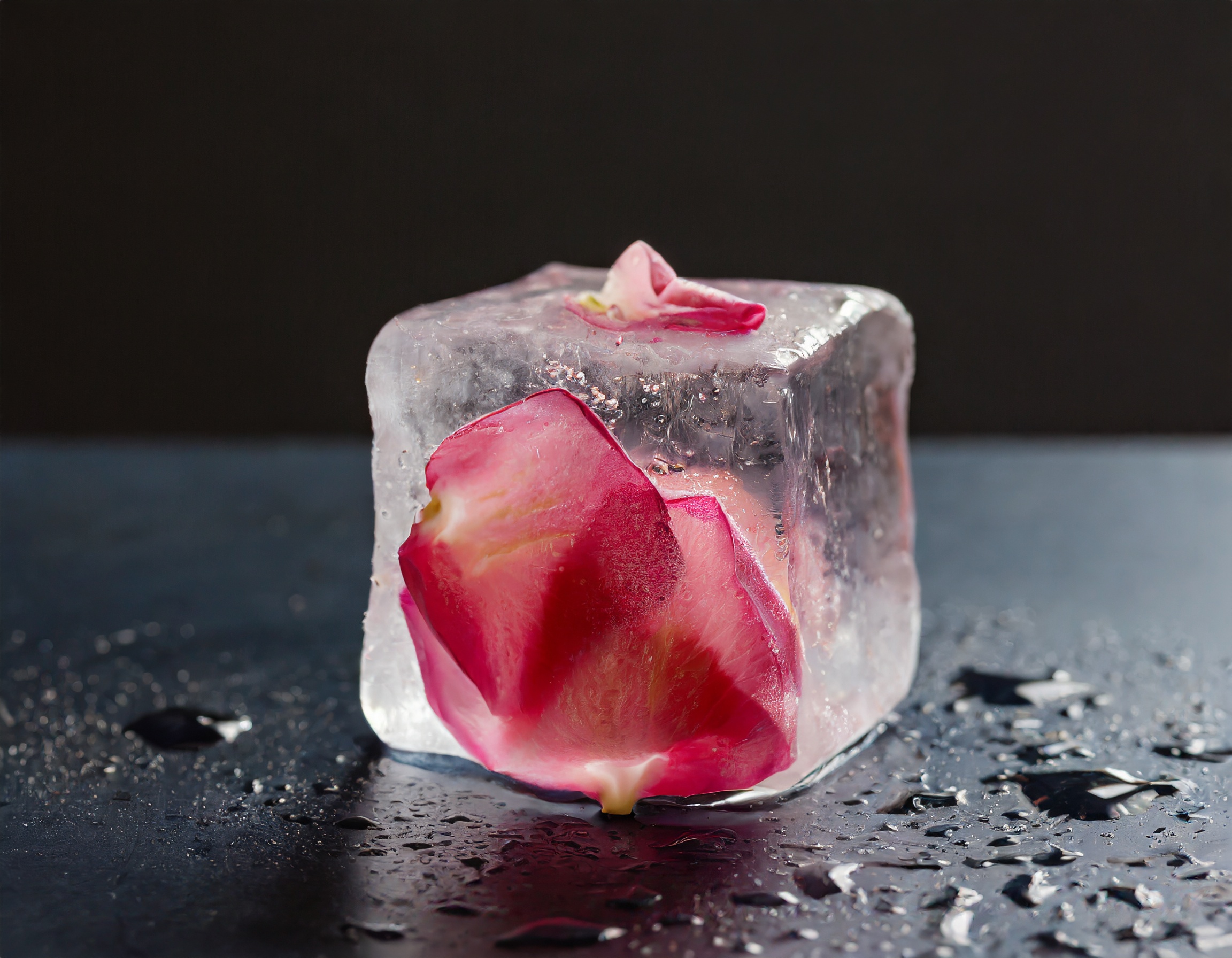 ice-cube filled with rose petals, water drops running down