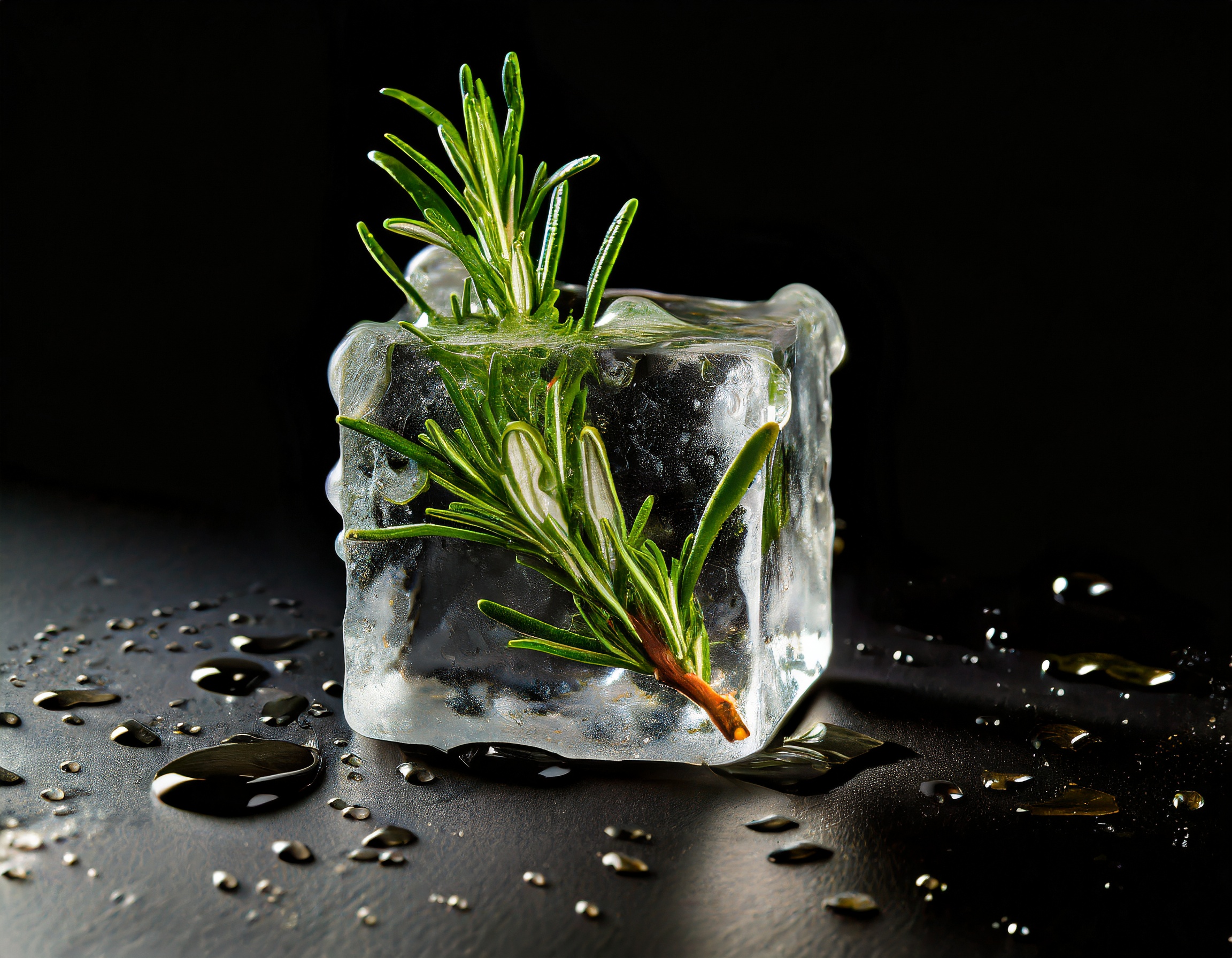 ice-cube filled with rosemary, water drops on the surface