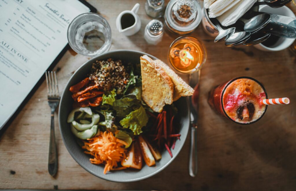 food bowl with various colored vegetarian foods